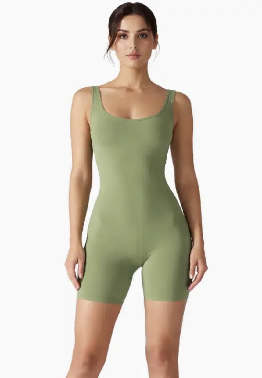 Women’s Sage Green Backless Workout Romper – Scrunch Butt Lifting Yoga Onesie