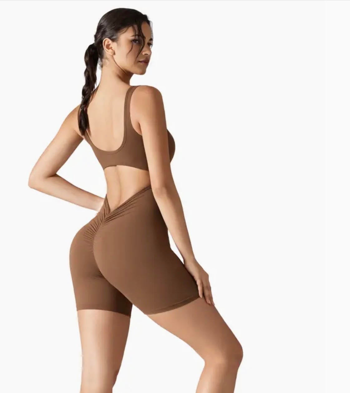 Women’s Sage Green Backless Workout Romper – Scrunch Butt Lifting Yoga Onesie