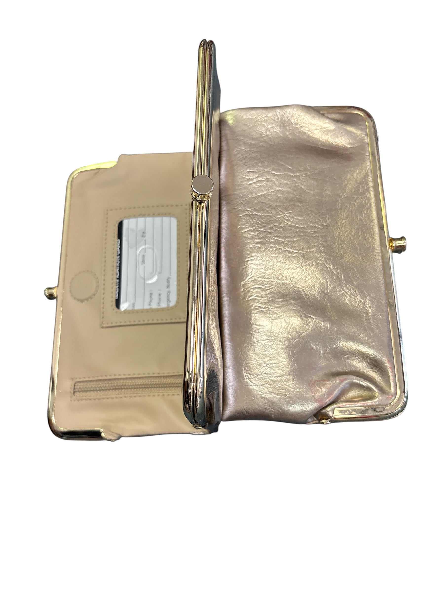 Gold kiss-lock clutch wallet