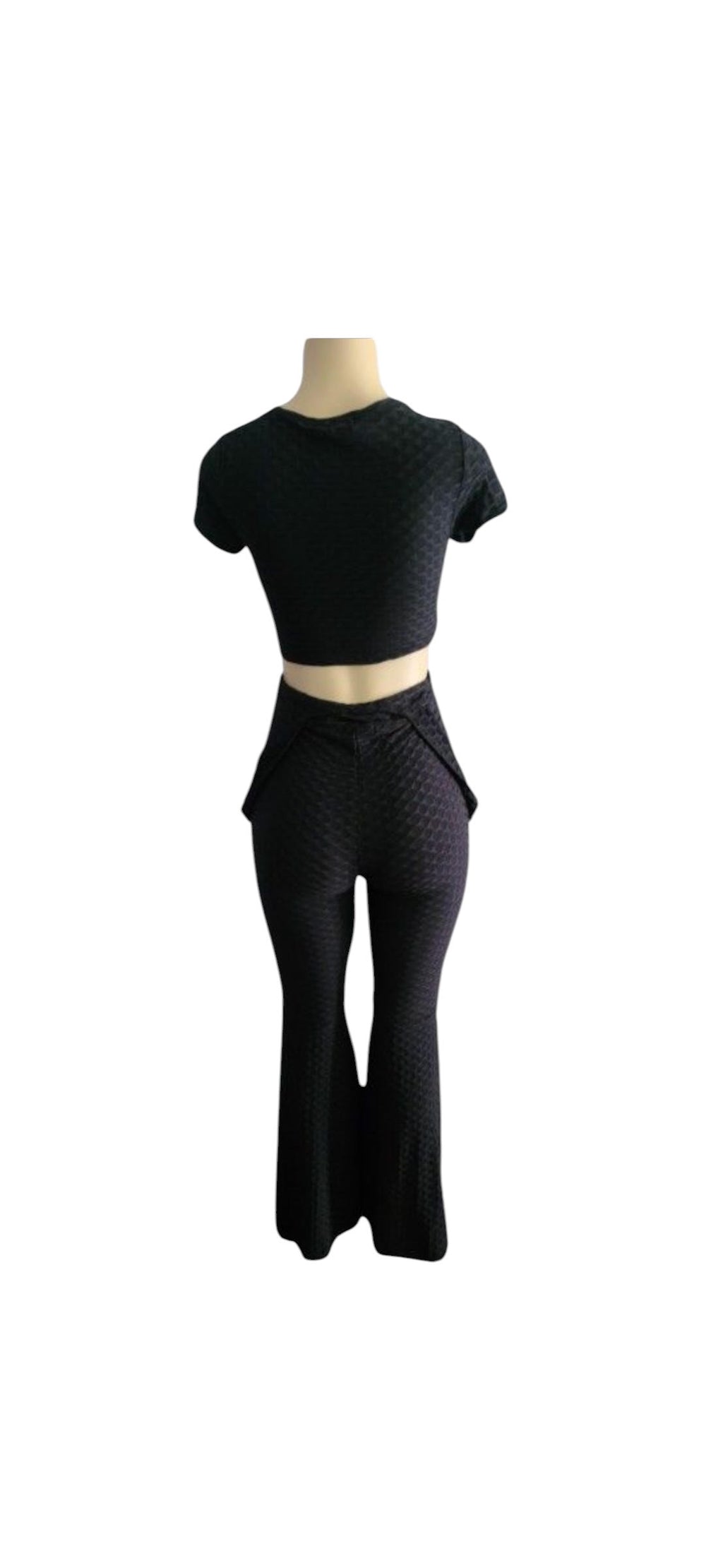 Black Textured Honeycomb Crop Top & Flare Legging Set with Pockets