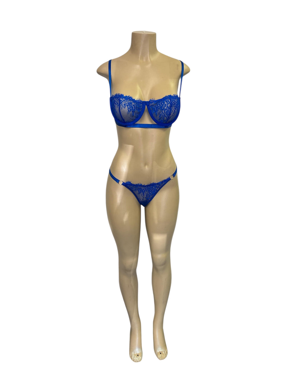 Royal Blue Sheer Lace Underwire Bra & Thong Lingerie Set