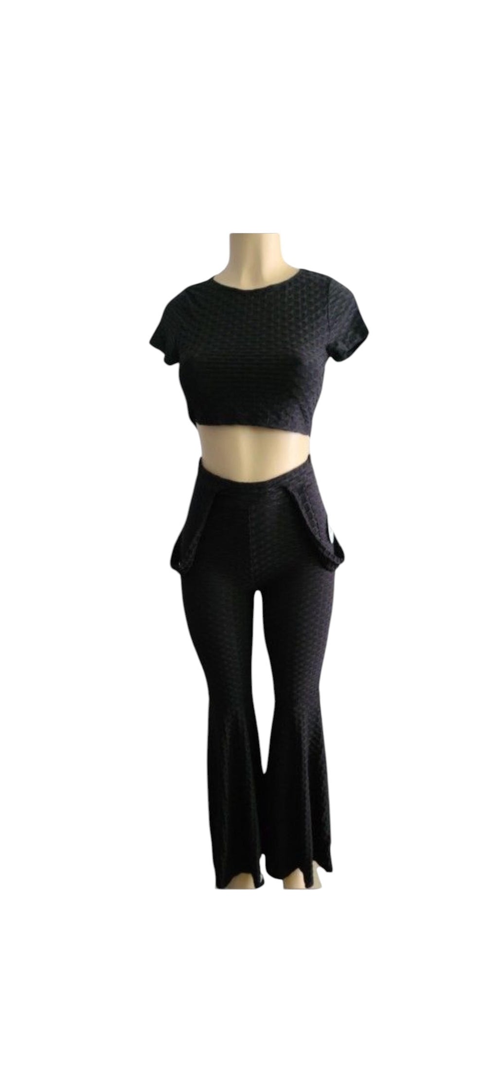 Black Textured Honeycomb Crop Top & Flare Legging Set with Pockets