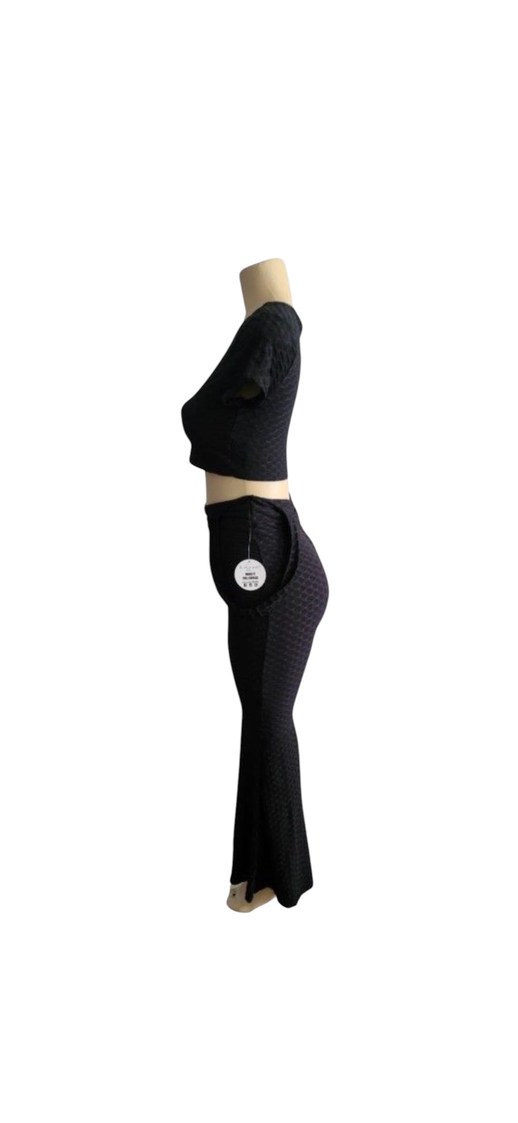 Black Textured Honeycomb Crop Top & Flare Legging Set with Pockets