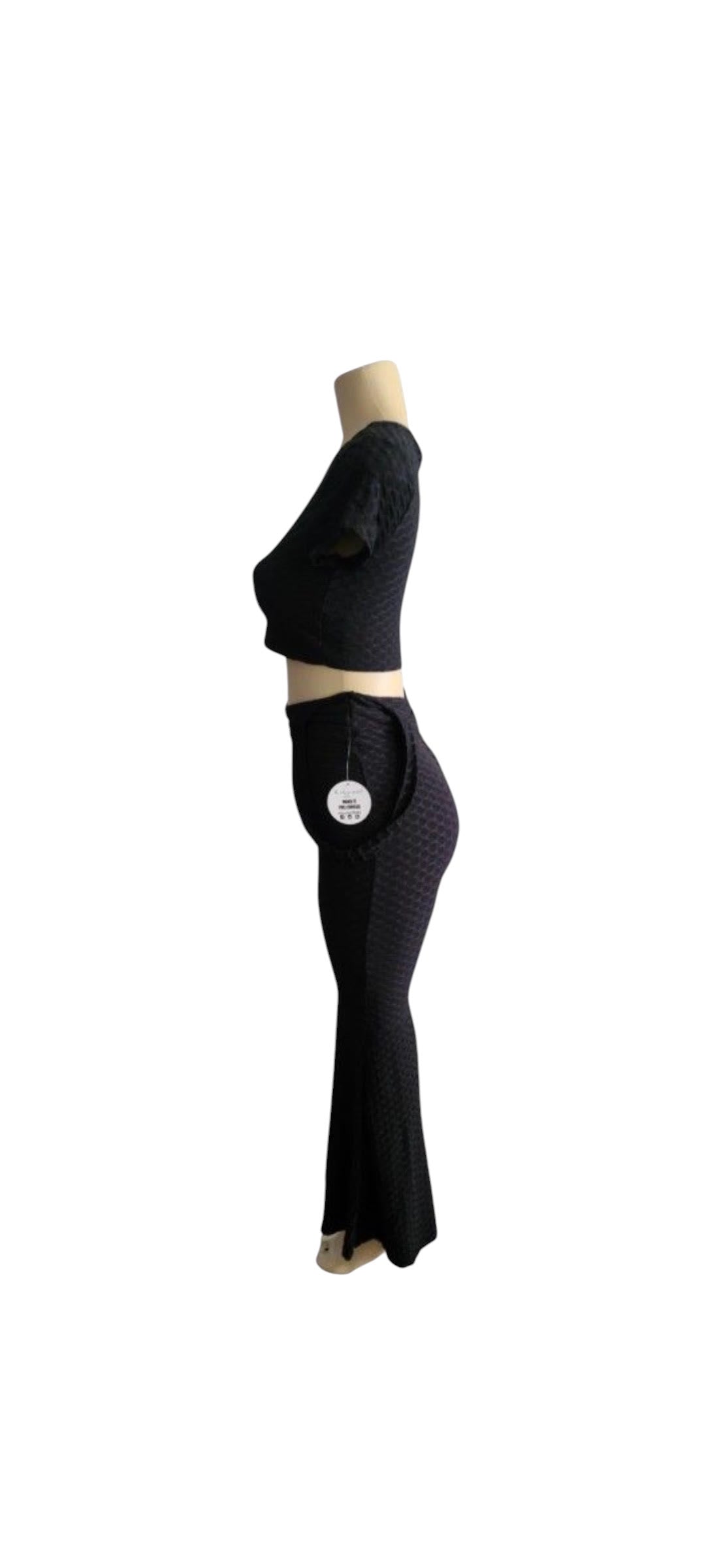 Black Textured Honeycomb Crop Top & Flare Legging Set with Pockets