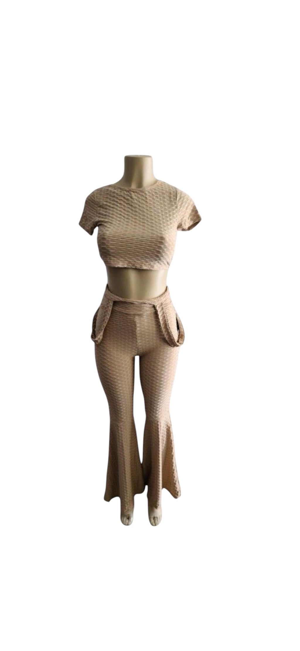 Black Textured Honeycomb Crop Top & Flare Legging Set with Pockets