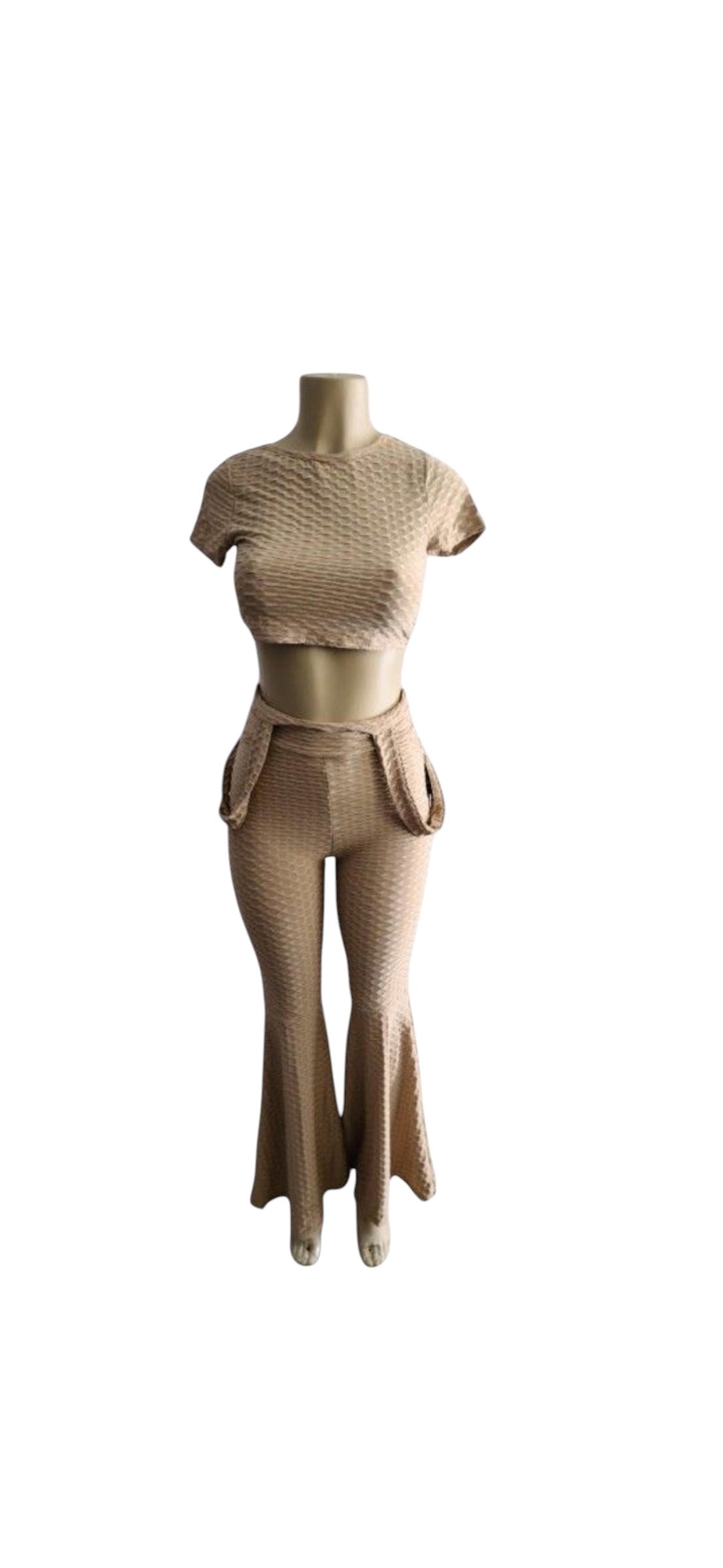 Black Textured Honeycomb Crop Top & Flare Legging Set with Pockets