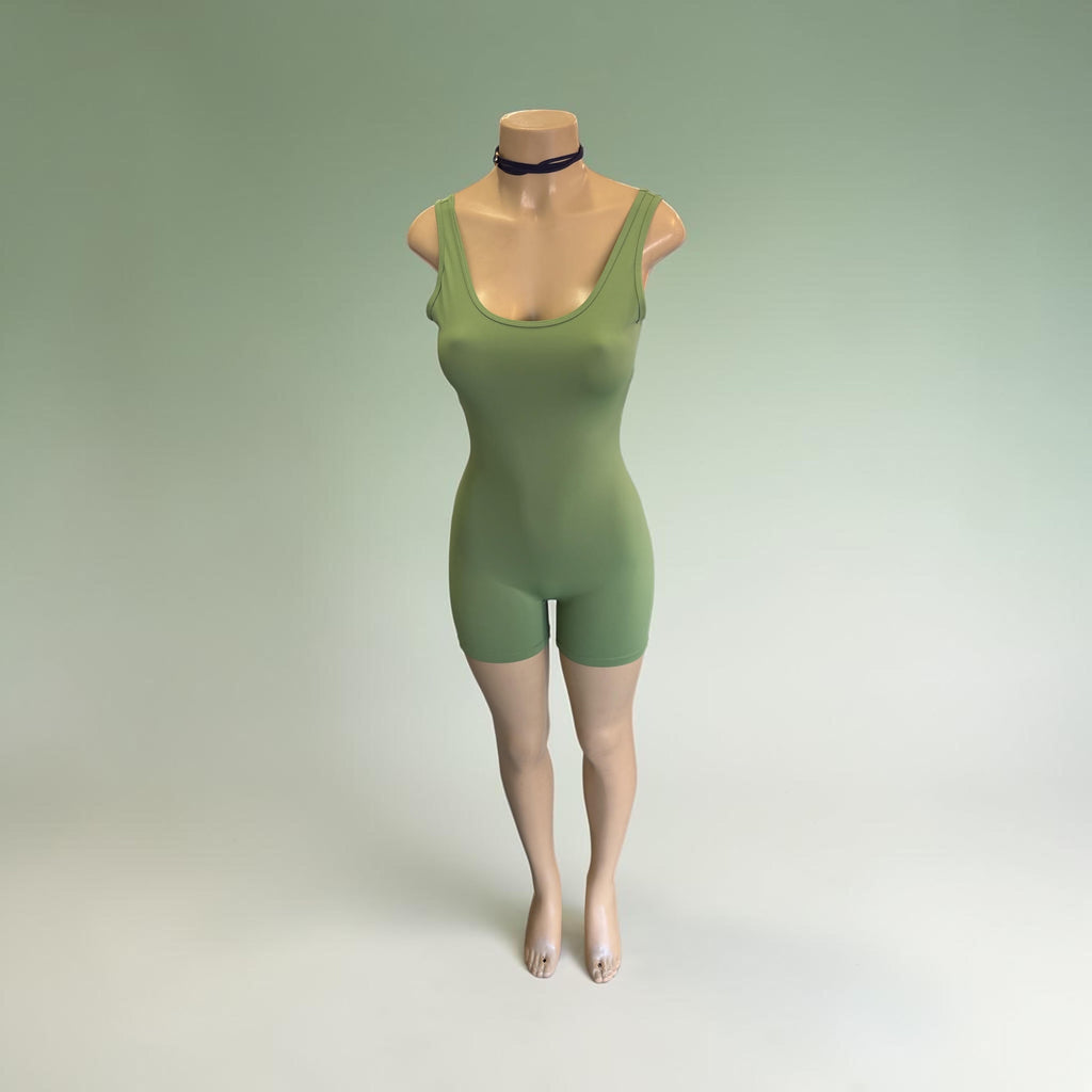 Women’s Sage Green Backless Workout Romper – Scrunch Butt Lifting Yoga Onesie