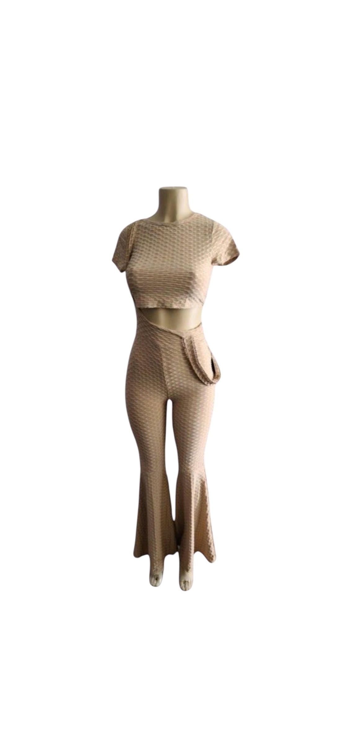 Black Textured Honeycomb Crop Top & Flare Legging Set with Pockets