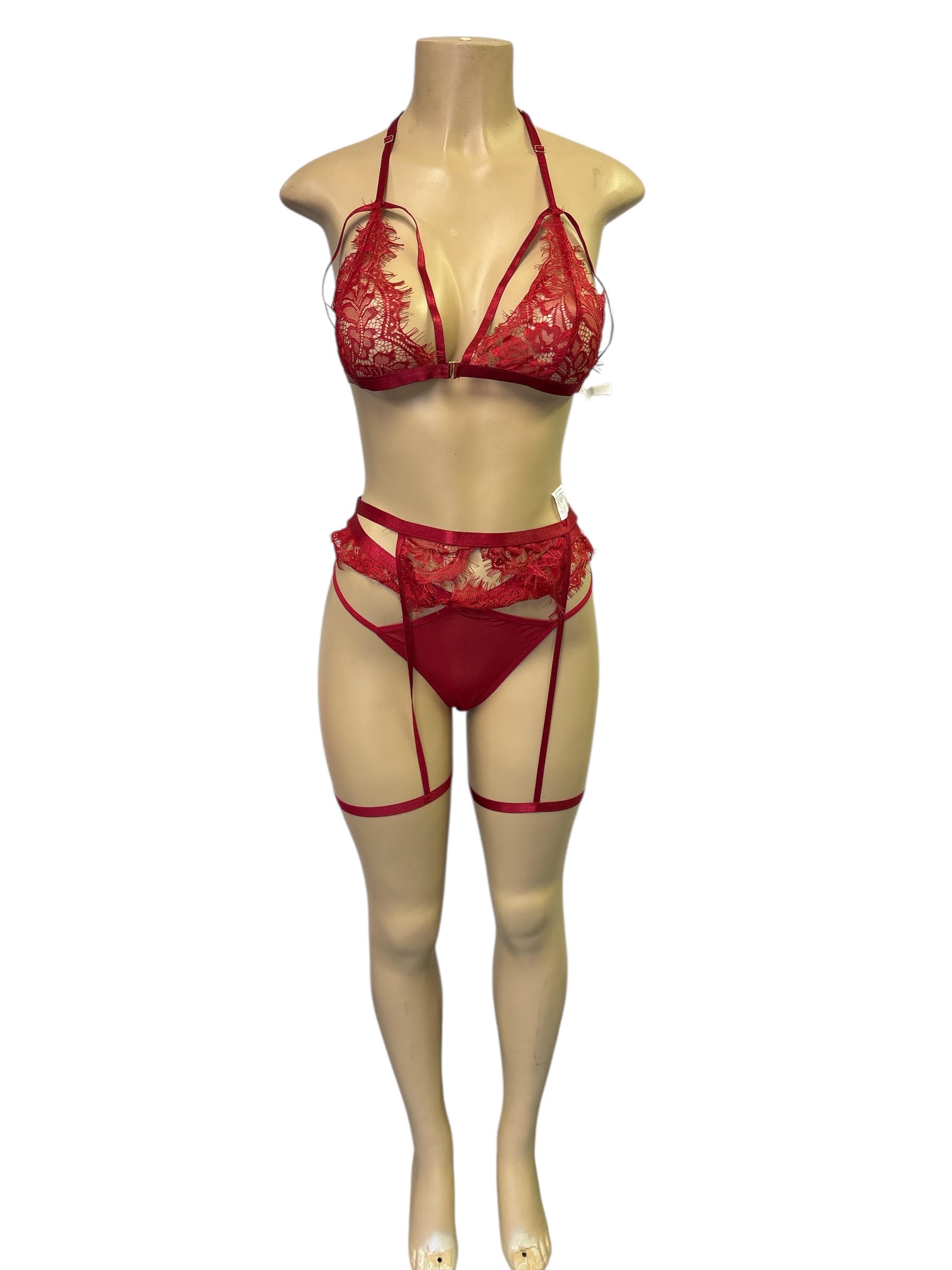 Three-Piece Passion Red Lace Lingerie Set