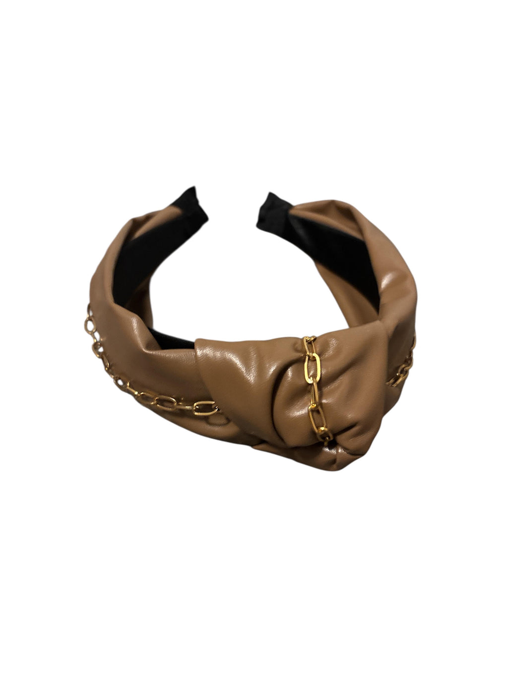 Stylish Faux Leather Knot Headband with Gold Chain Detail
