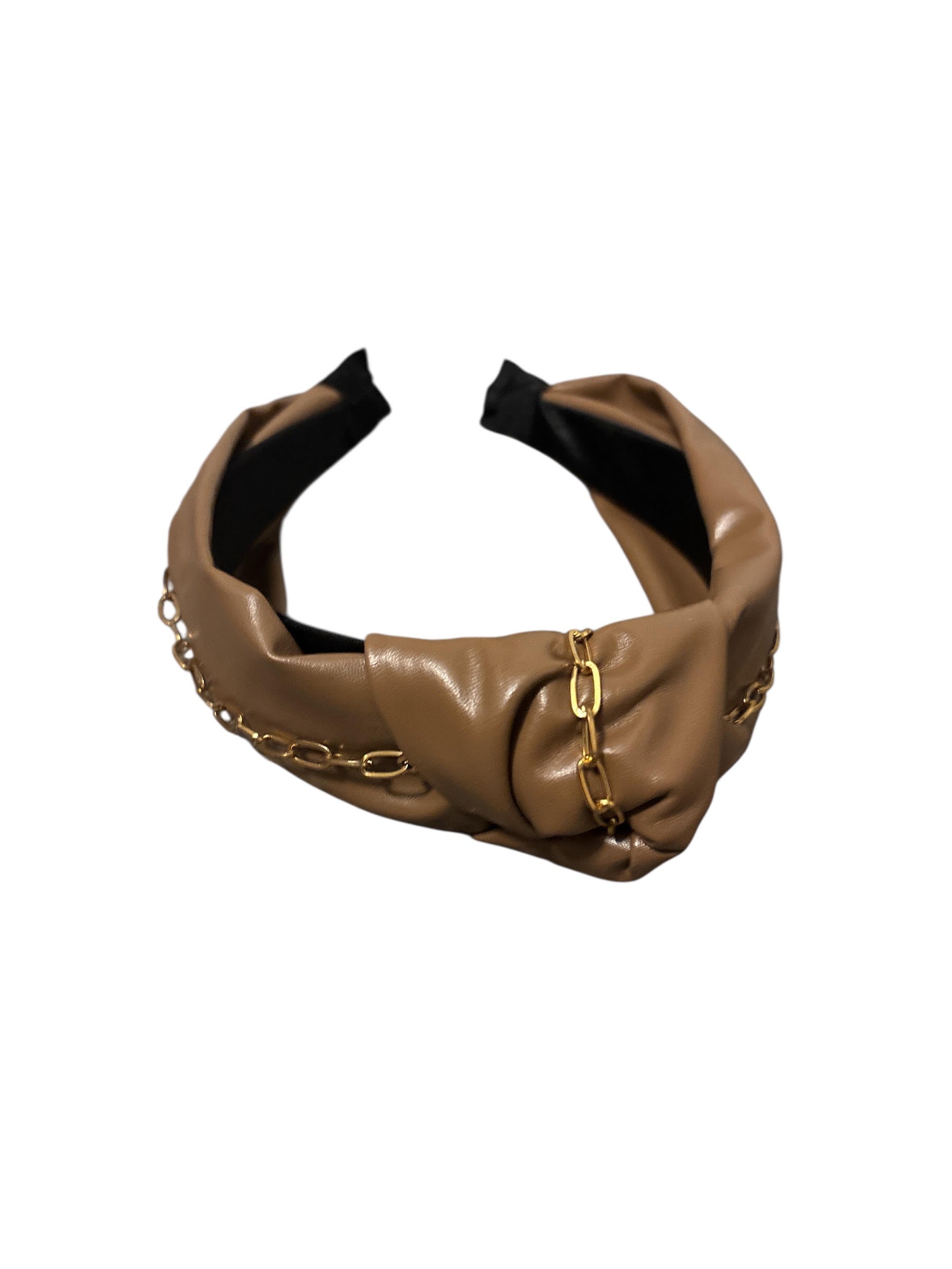 Stylish Faux Leather Knot Headband with Gold Chain Detail