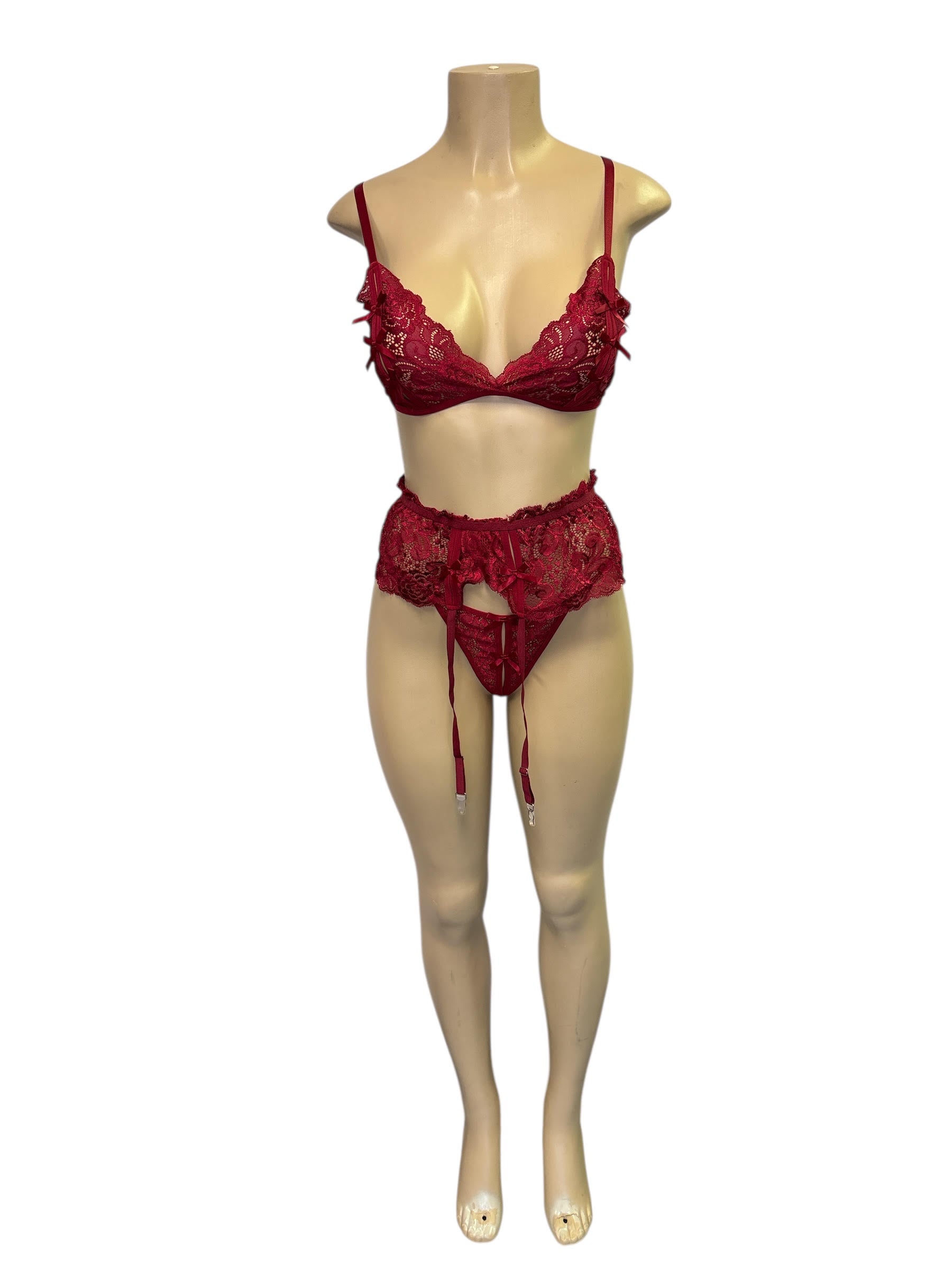 Three-Piece Passion Red Lace Lingerie Set
