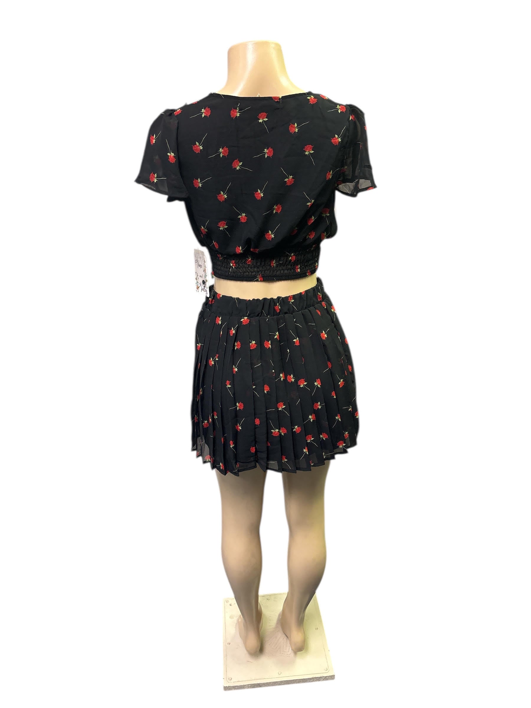 🍒 Black Cherry Floral Pleated Skirt & Crop Top Set