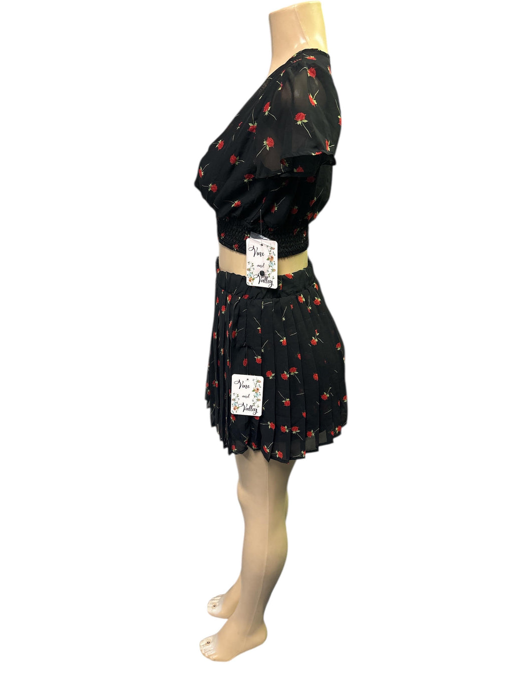 🍒 Black Cherry Floral Pleated Skirt & Crop Top Set