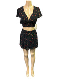 🍒 Black Cherry Floral Pleated Skirt & Crop Top Set