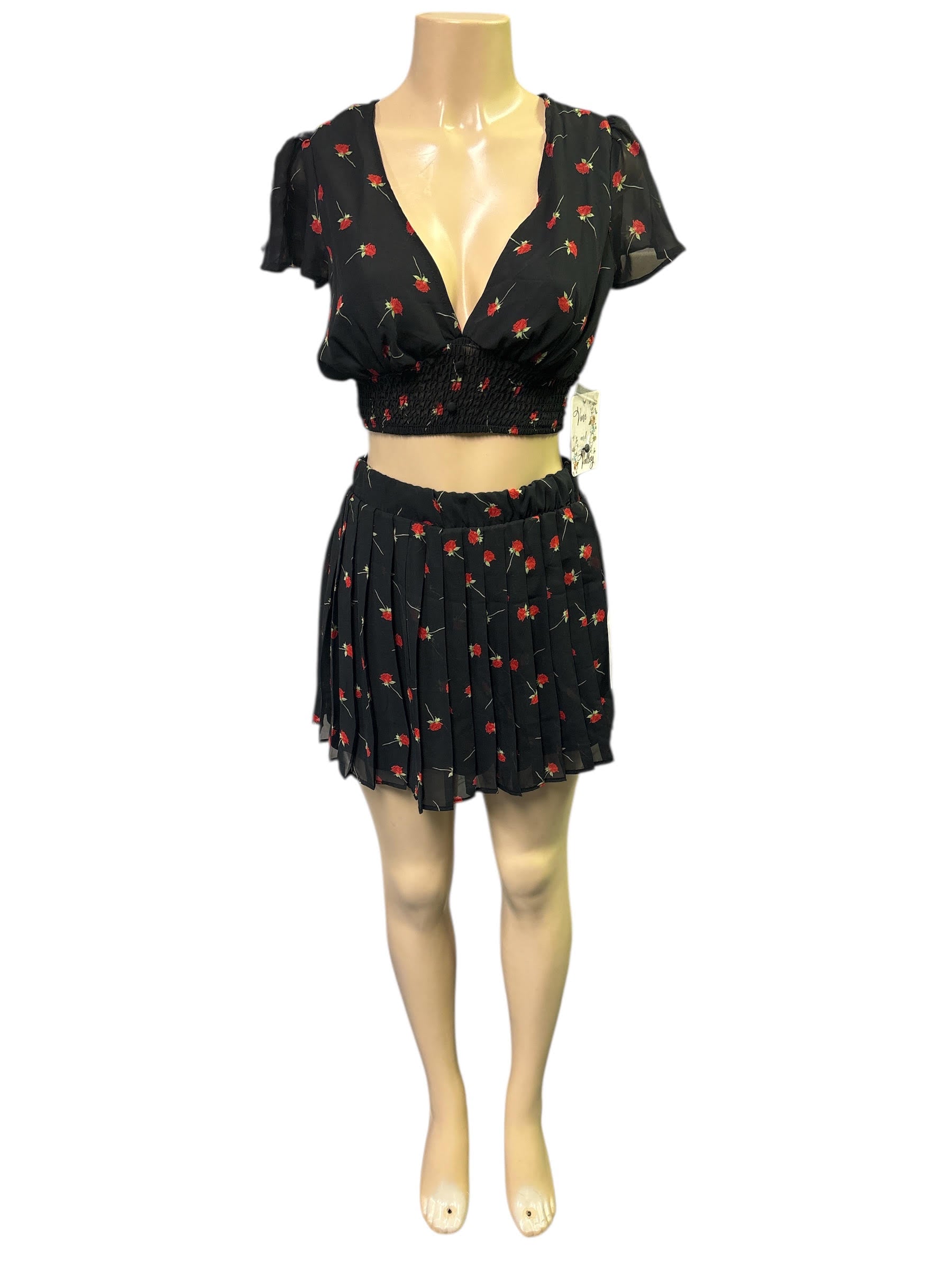 🍒 Black Cherry Floral Pleated Skirt & Crop Top Set