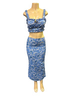 Sunny Blue Floral Ruffle Crop Top & Midi Skirt Set