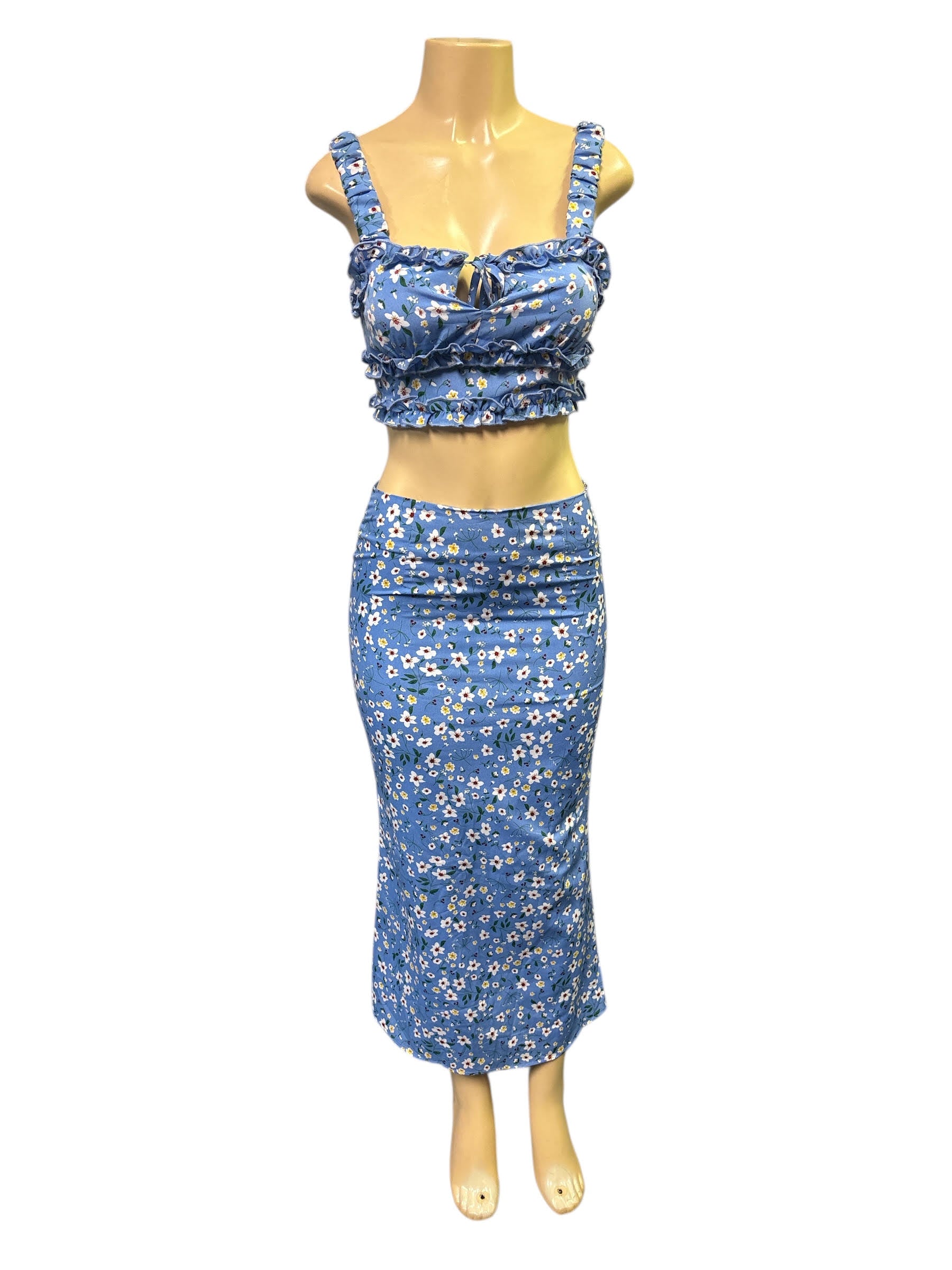 Sunny Blue Floral Ruffle Crop Top & Midi Skirt Set