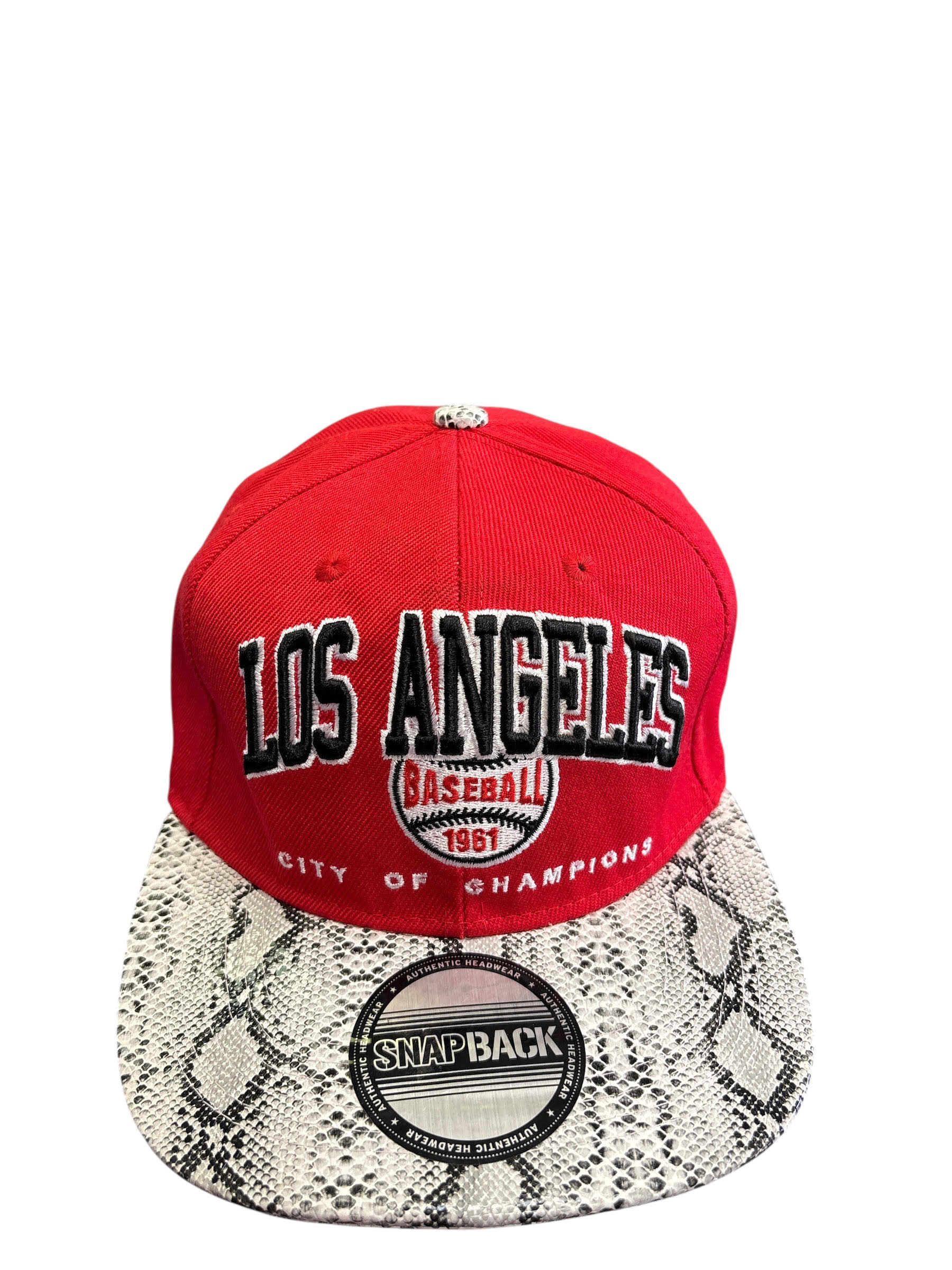 Los Angeles Baseball "City of Champions" Snapback Hat with Snake Print Brim