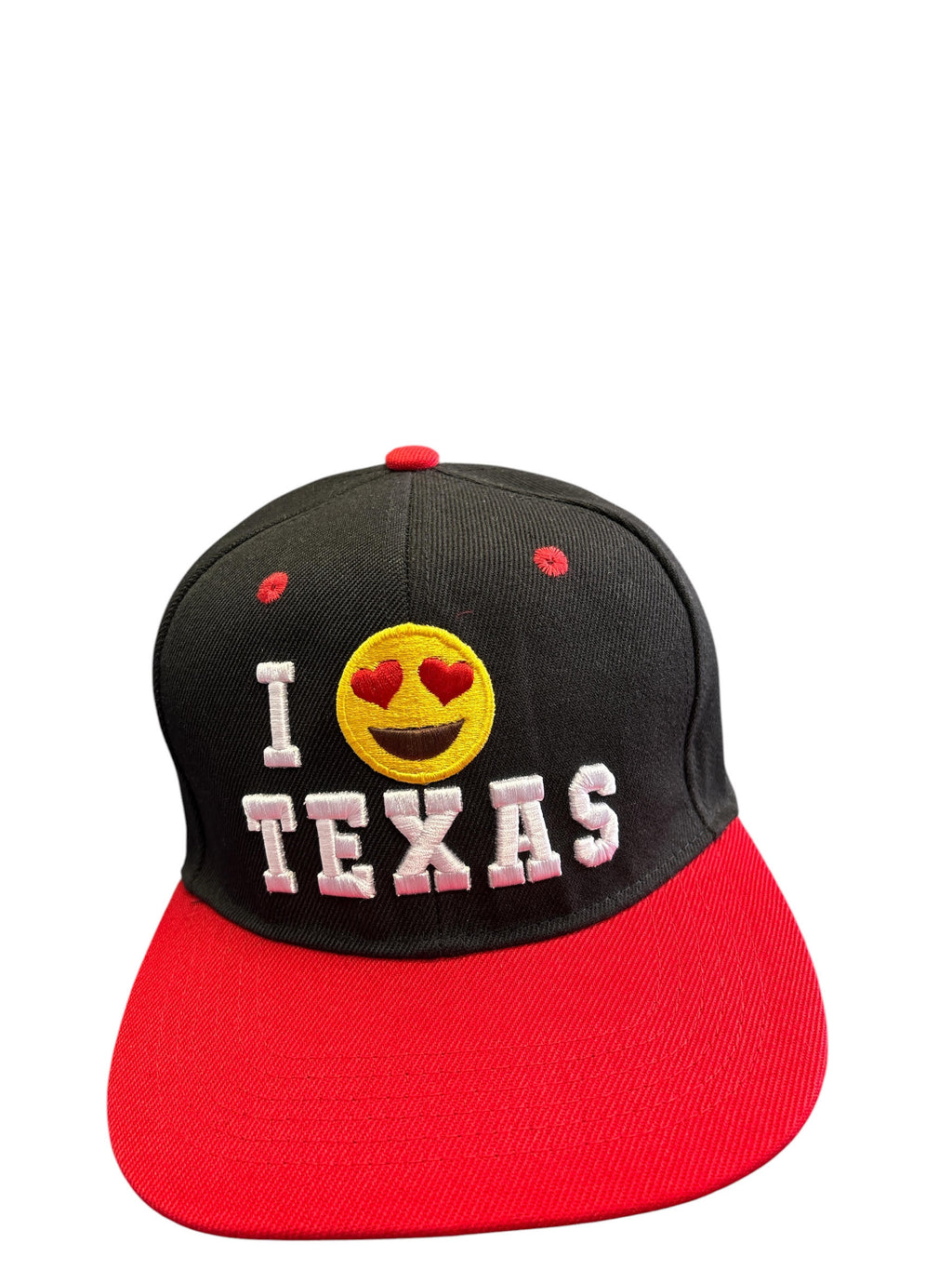 I Love Texas Heart Emoji Snapback Cap – Black & Red Embroidered Texas Souvenir Hat