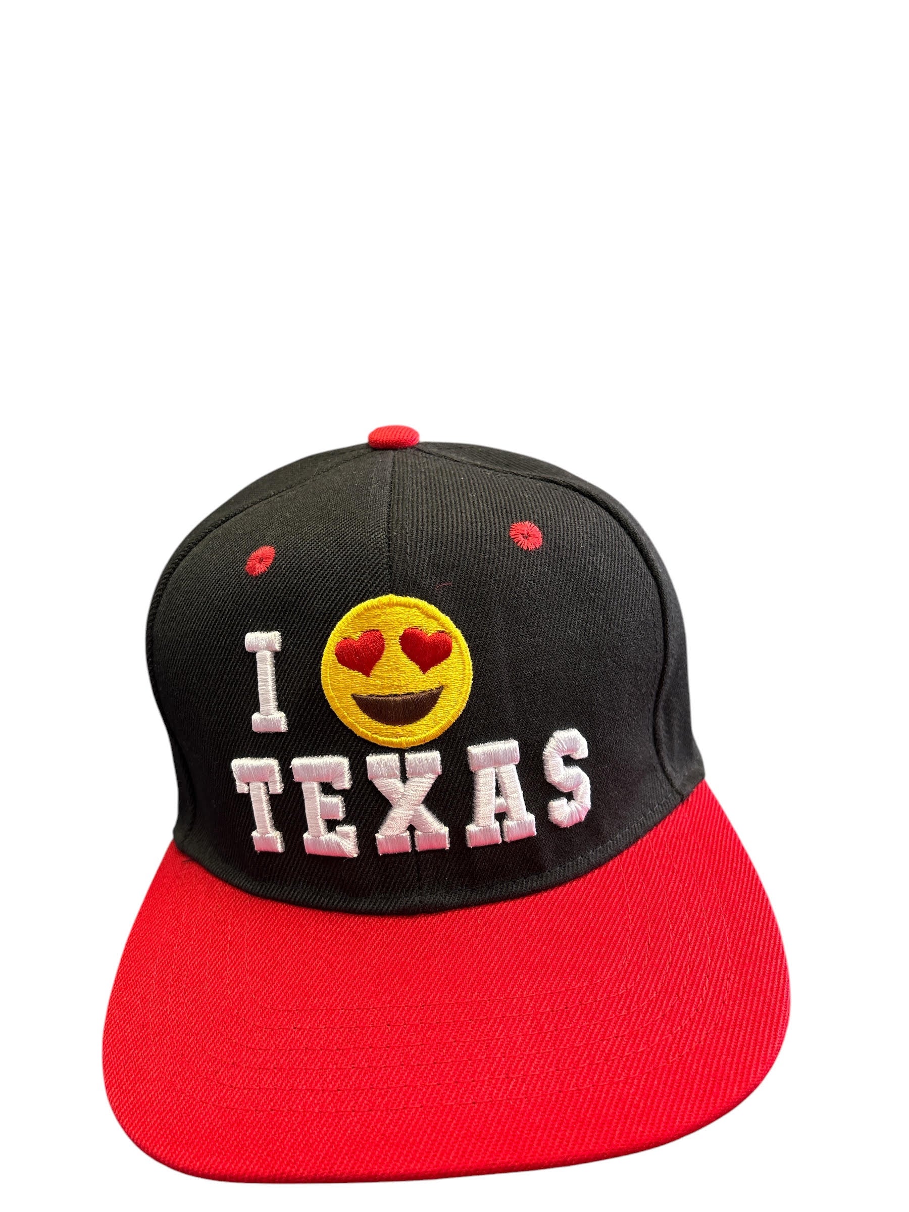 I Love Texas Heart Emoji Snapback Cap – Black & Red Embroidered Texas Souvenir Hat
