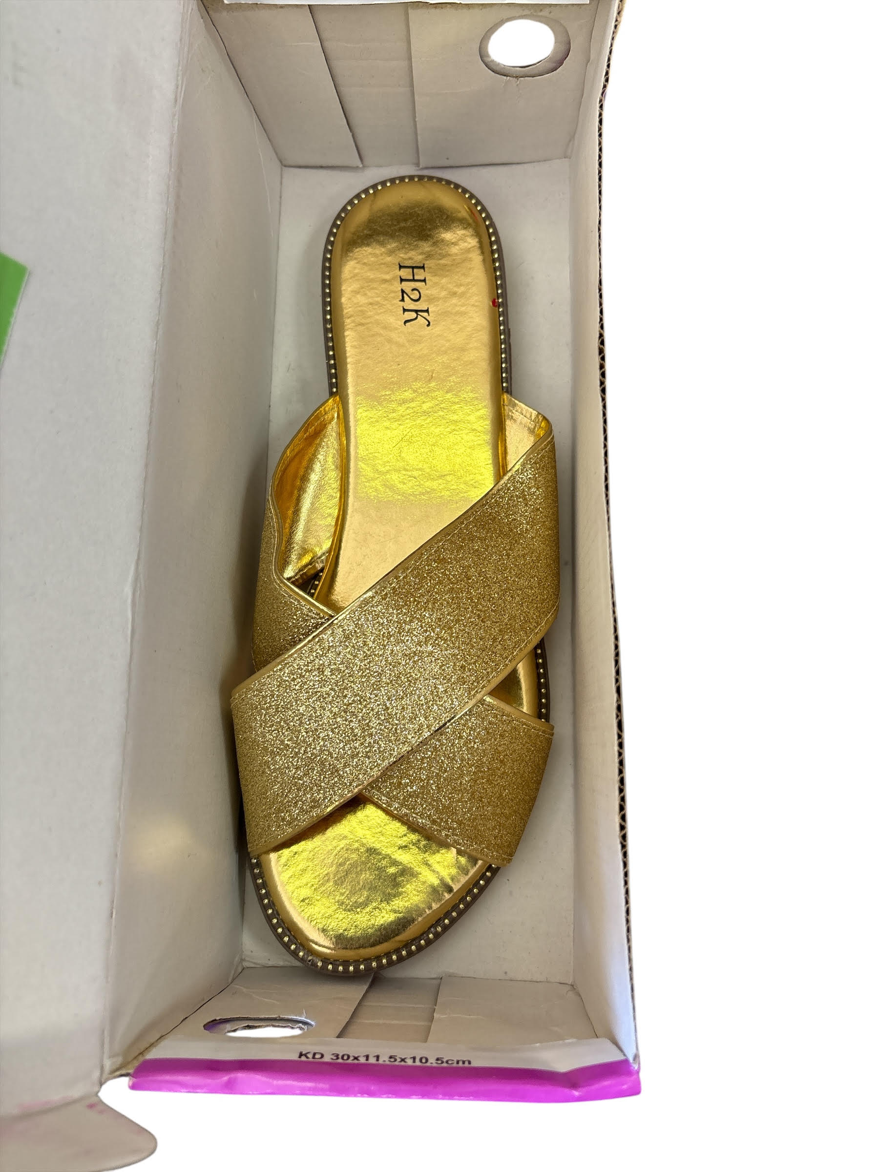 H2K women's glitter and sparkle open-toe slides.