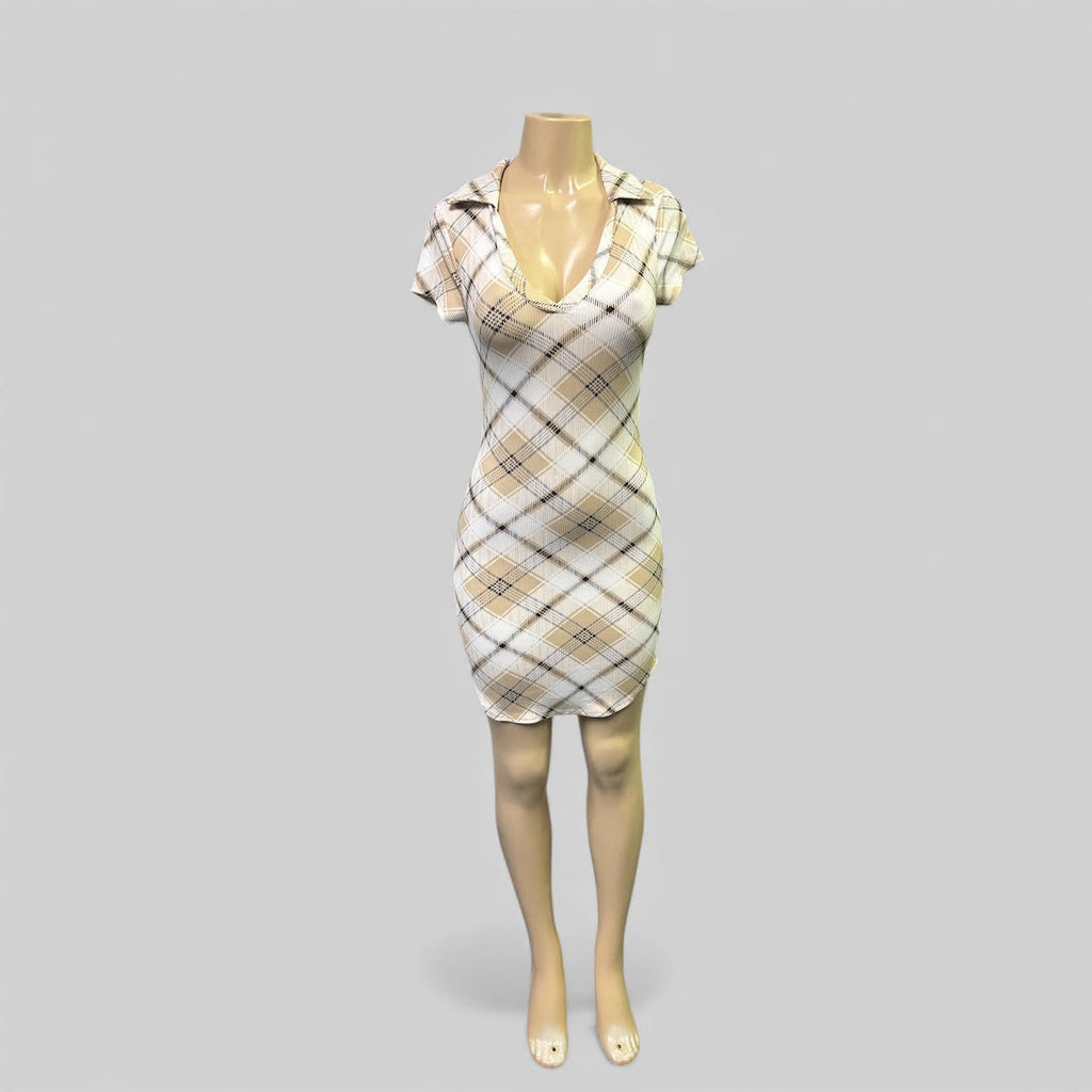 Y2K Tan Argyle Plaid Collared Mini Dress