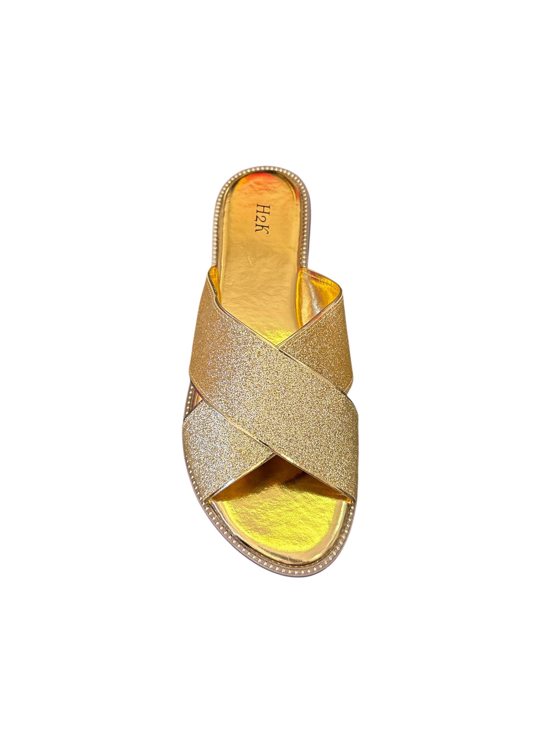H2K women's glitter and sparkle open-toe slides.