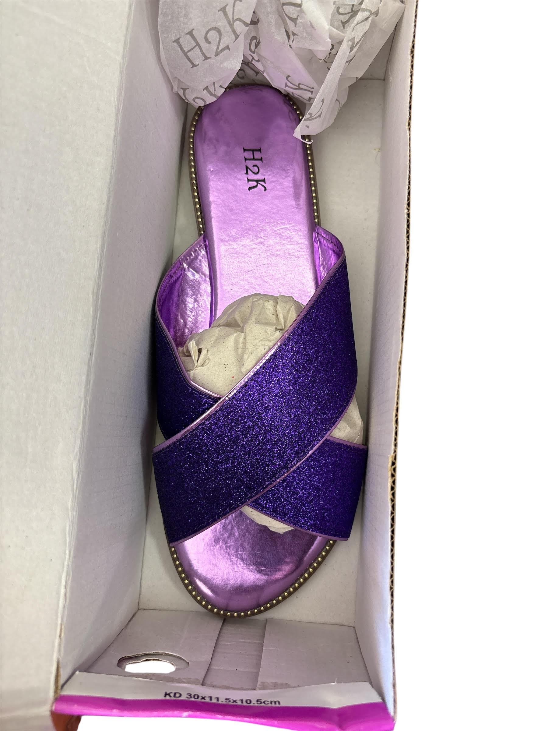 H2K women's glitter and sparkle open-toe slides.
