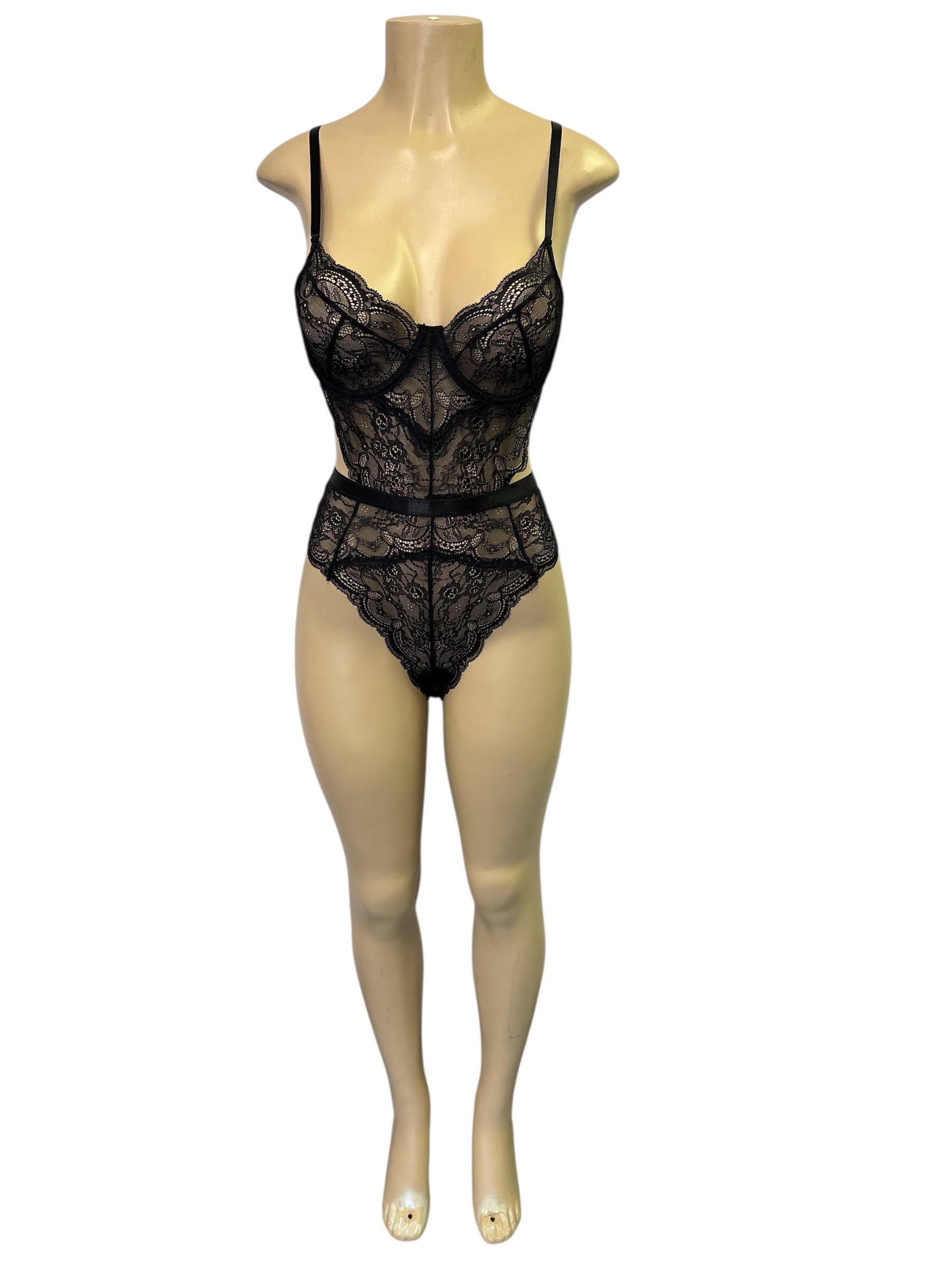 Daring Black Sheer Lace Cutout Underwire Teddy Lingerie