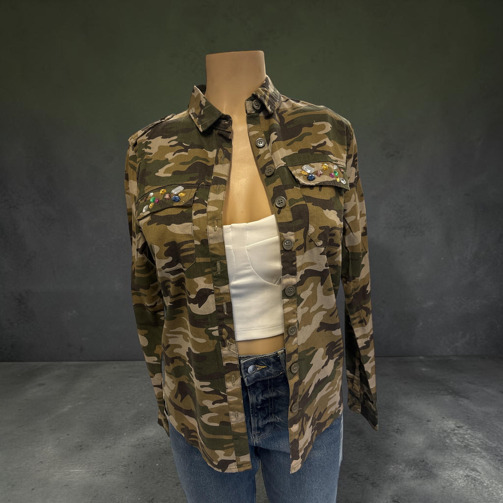 Women's Rhinestone Embellished Camo Button-Down Jacket