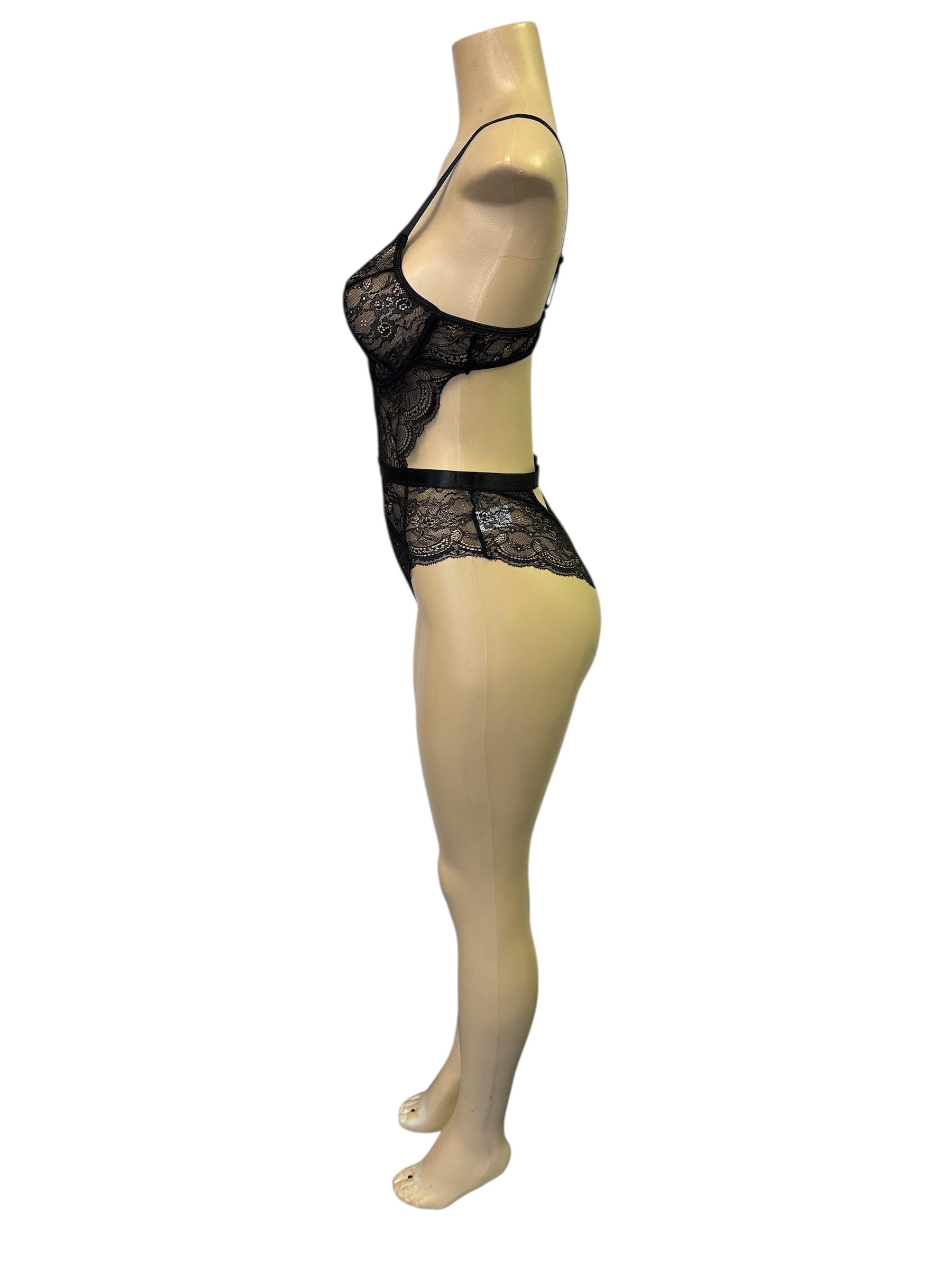 Daring Black Sheer Lace Cutout Underwire Teddy Lingerie