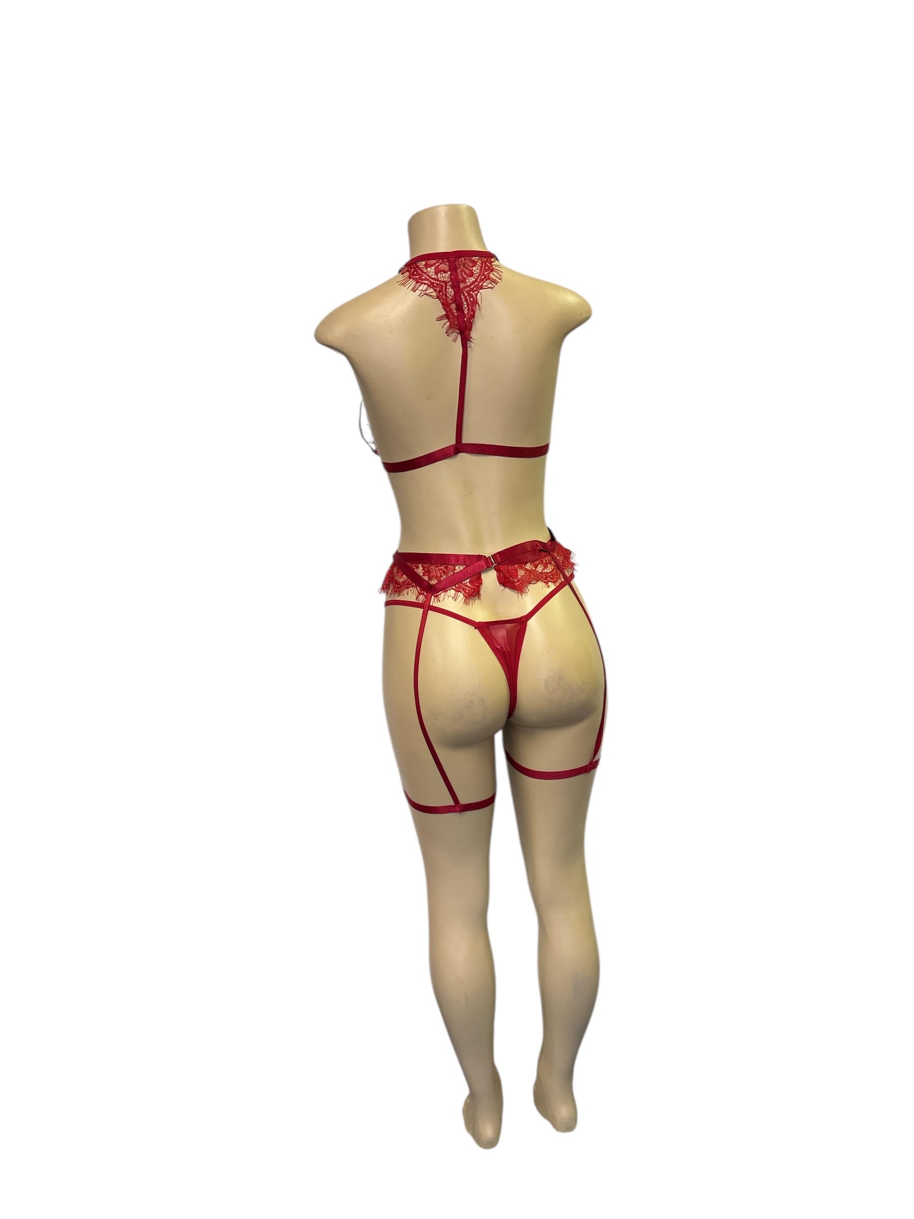 Three-Piece Passion Red Lace Lingerie Set