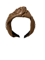 Stylish Faux Leather Knot Headband with Gold Chain Detail