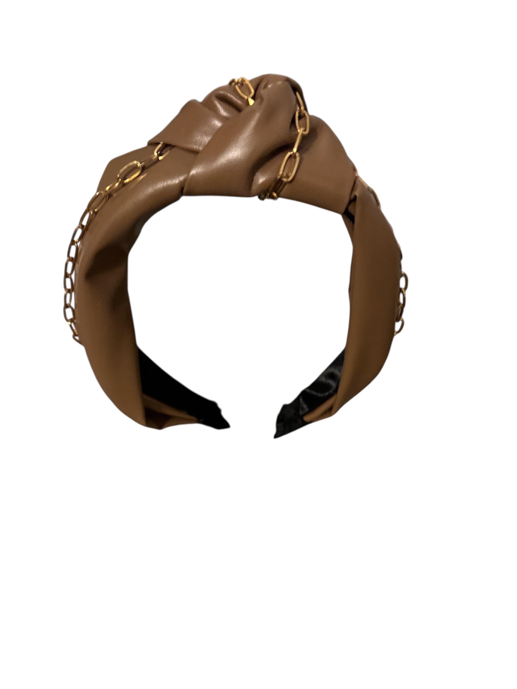 Stylish Faux Leather Knot Headband with Gold Chain Detail