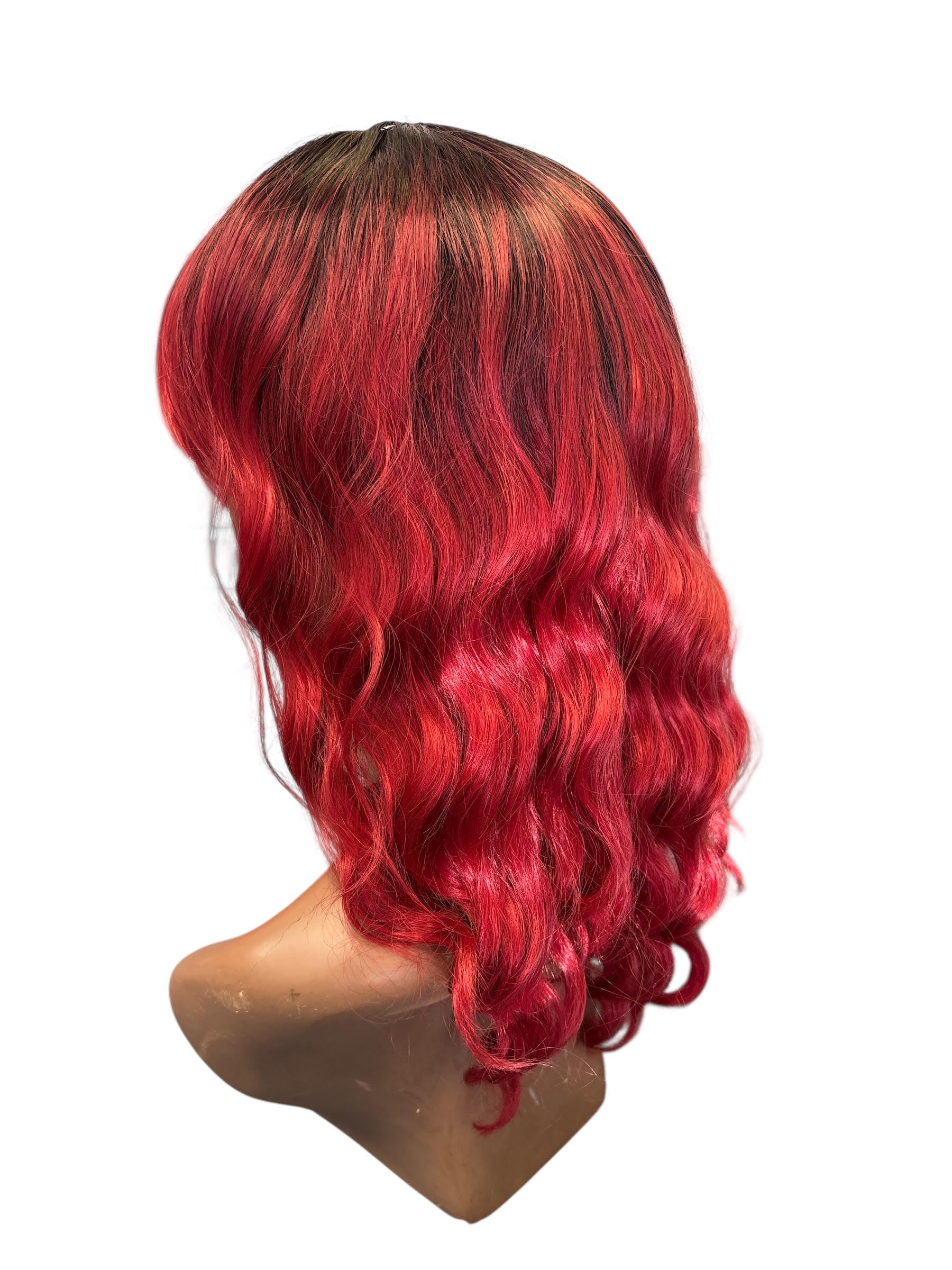 Short Red Ombre Bob Wig with Bangs and Dark Roots