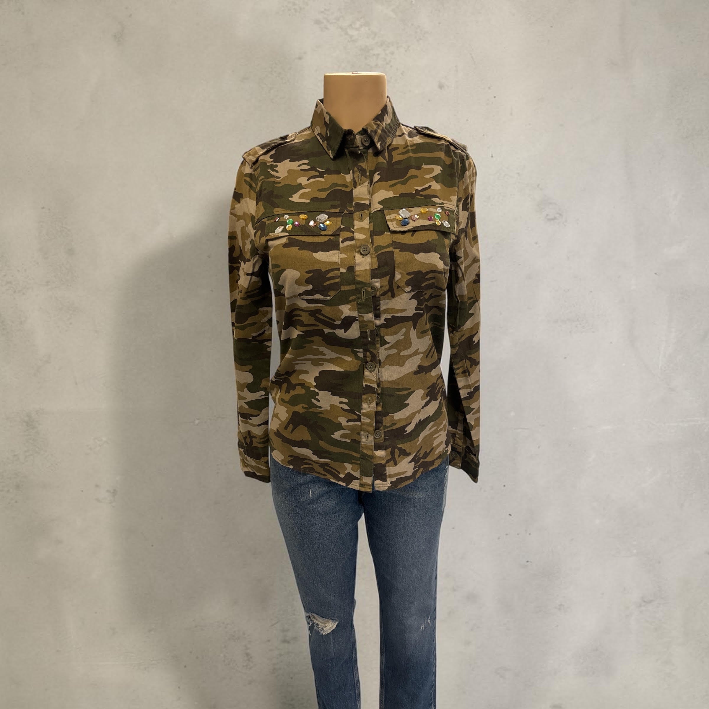 Women's Rhinestone Embellished Camo Button-Down Jacket