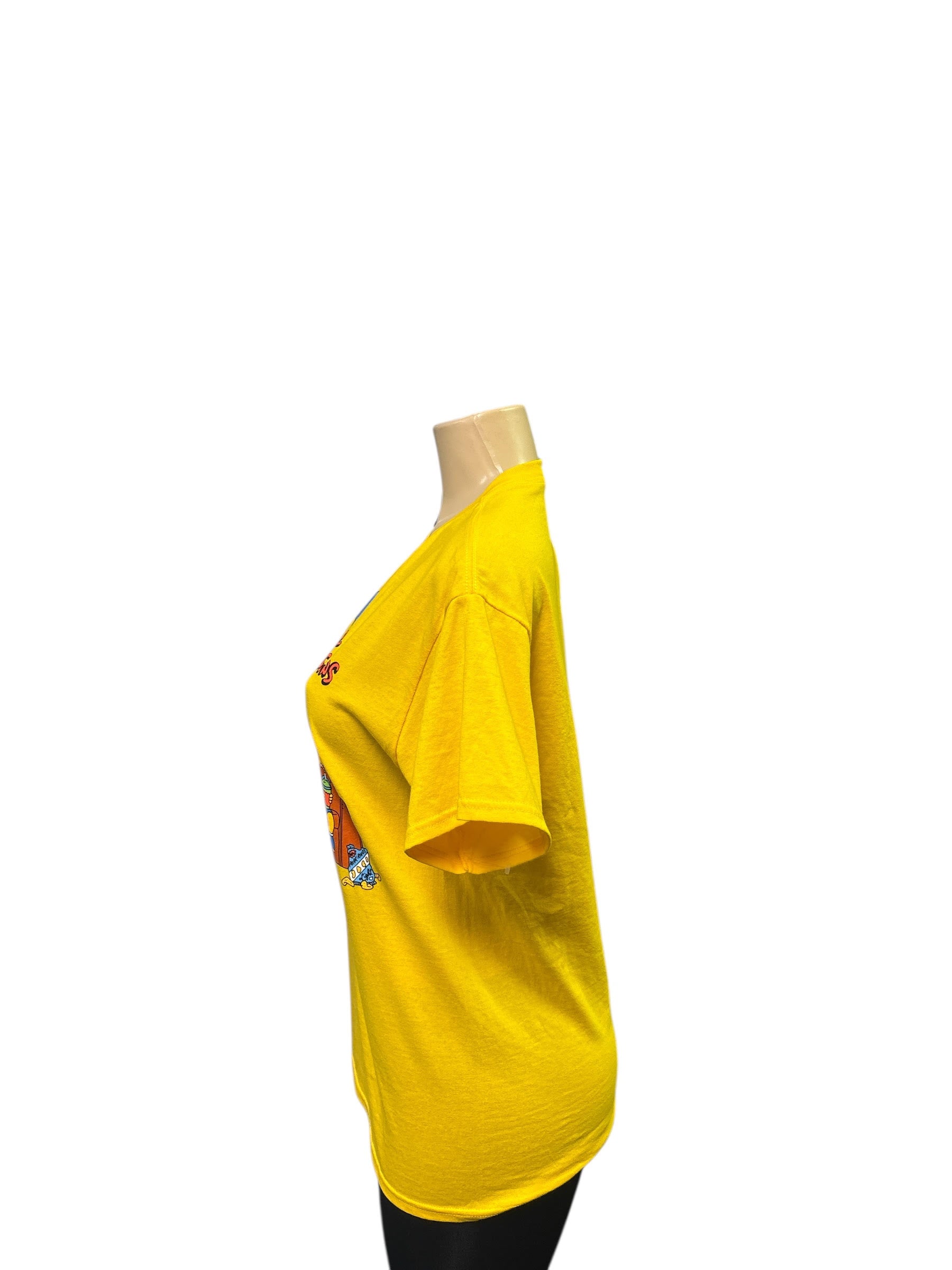 Yellow "The Simpsons" Graphic T-Shirt and the Pink Faux Fur Belt Bag.