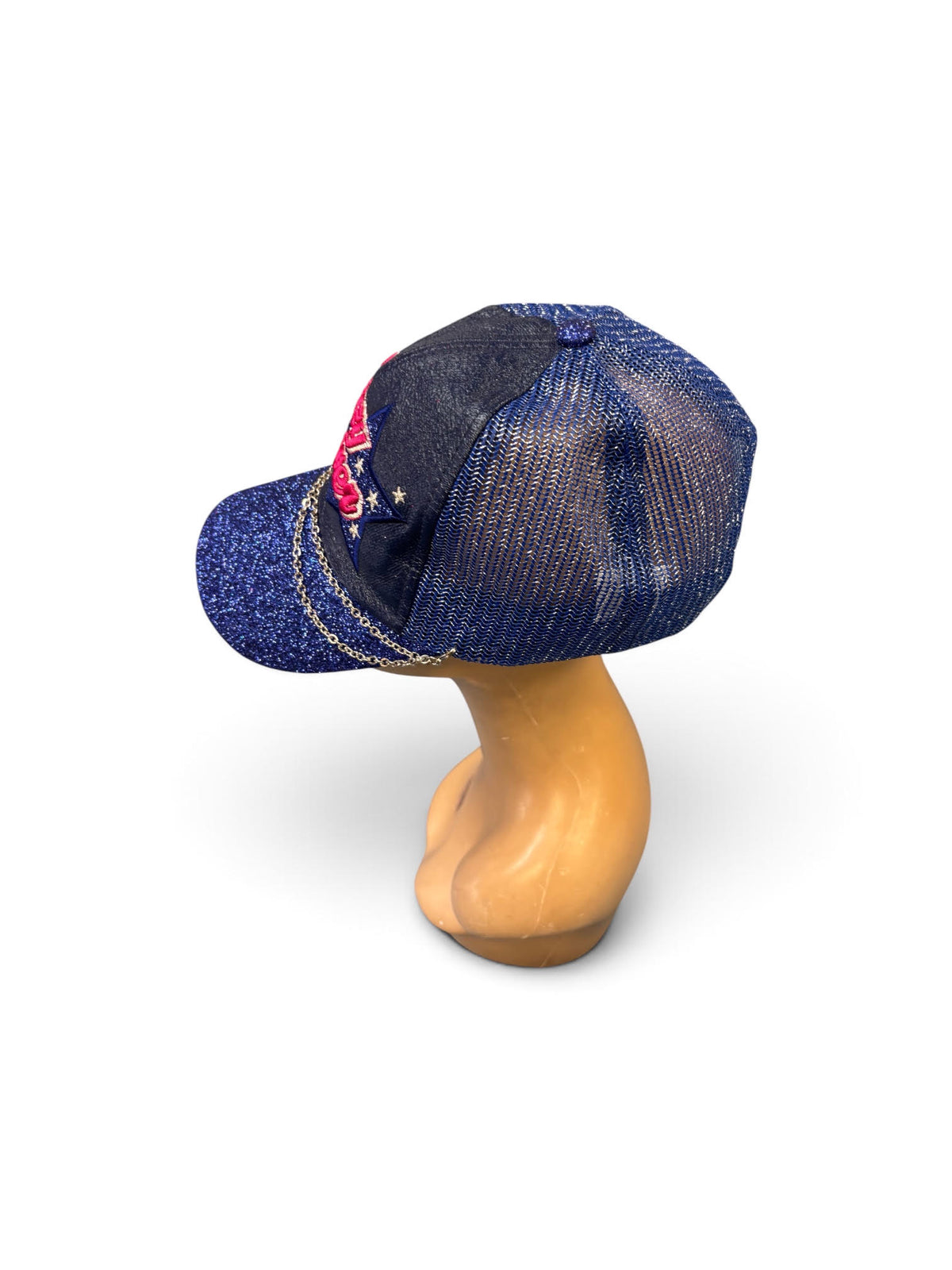 Blue Glitter "Crazy Forever" Baseball Cap with Gold Chain Detail | Embellished Trucker Hat