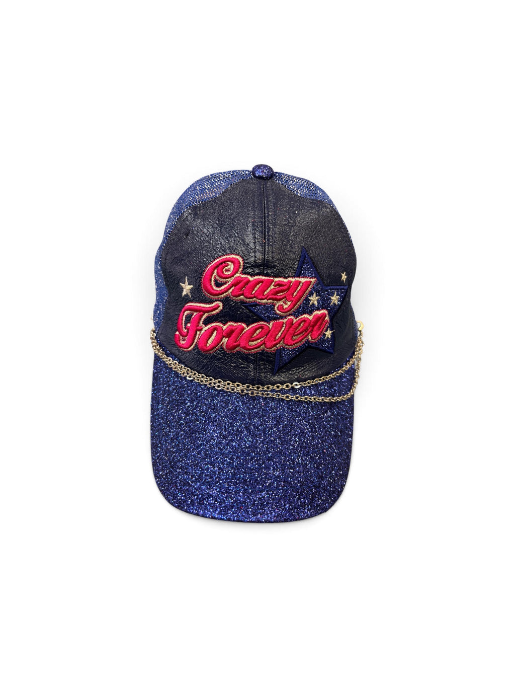 Blue Glitter "Crazy Forever" Baseball Cap with Gold Chain Detail | Embellished Trucker Hat