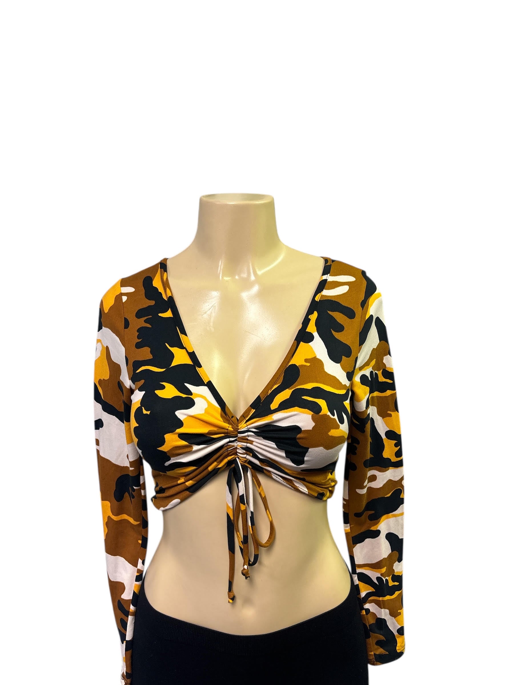 Bold Camouflage Ruched Drawstring Crop Top
