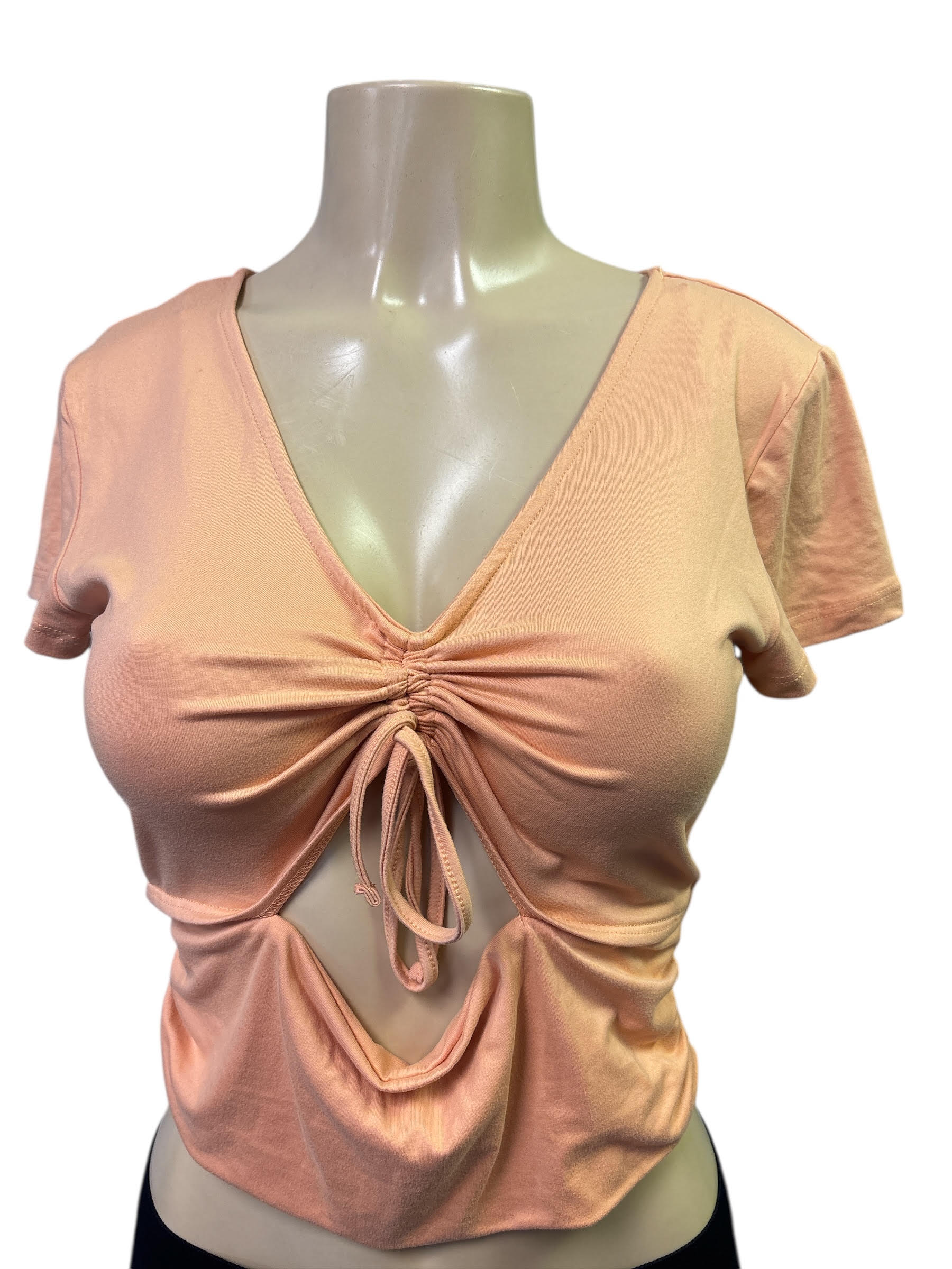 Chic Peach Ruched Drawstring Cutout Crop Top