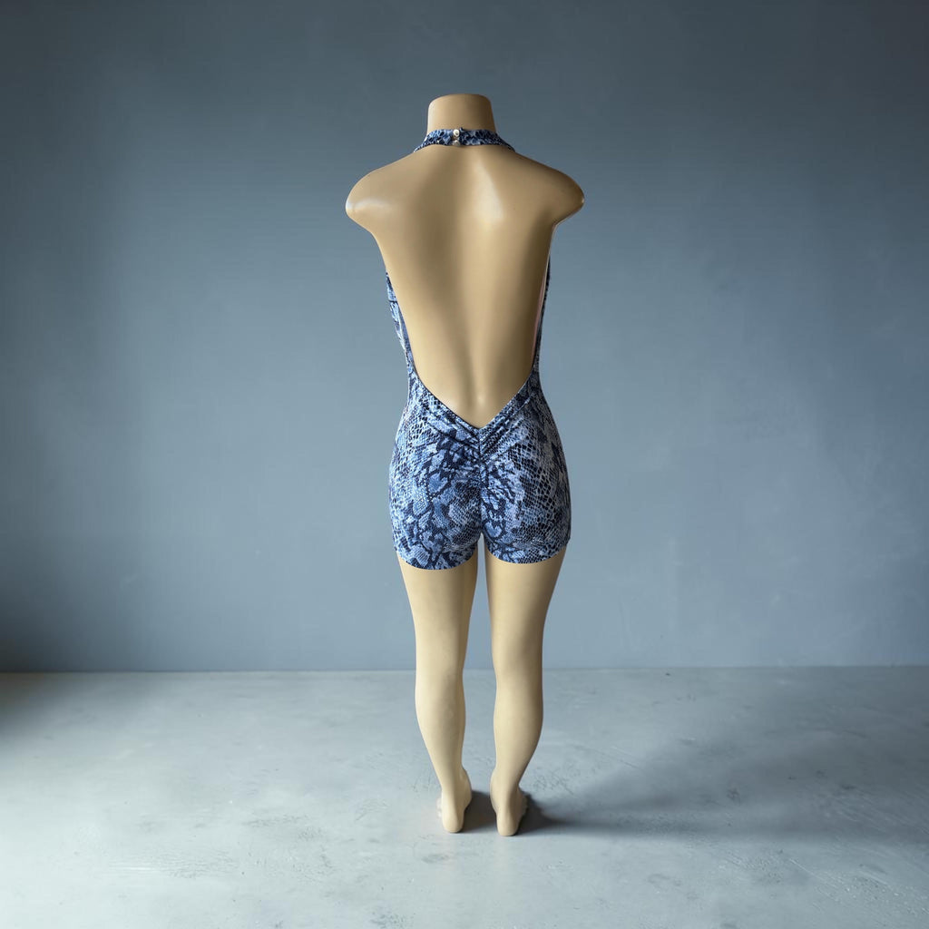 Blue Snakeskin Plunging Halter Romper