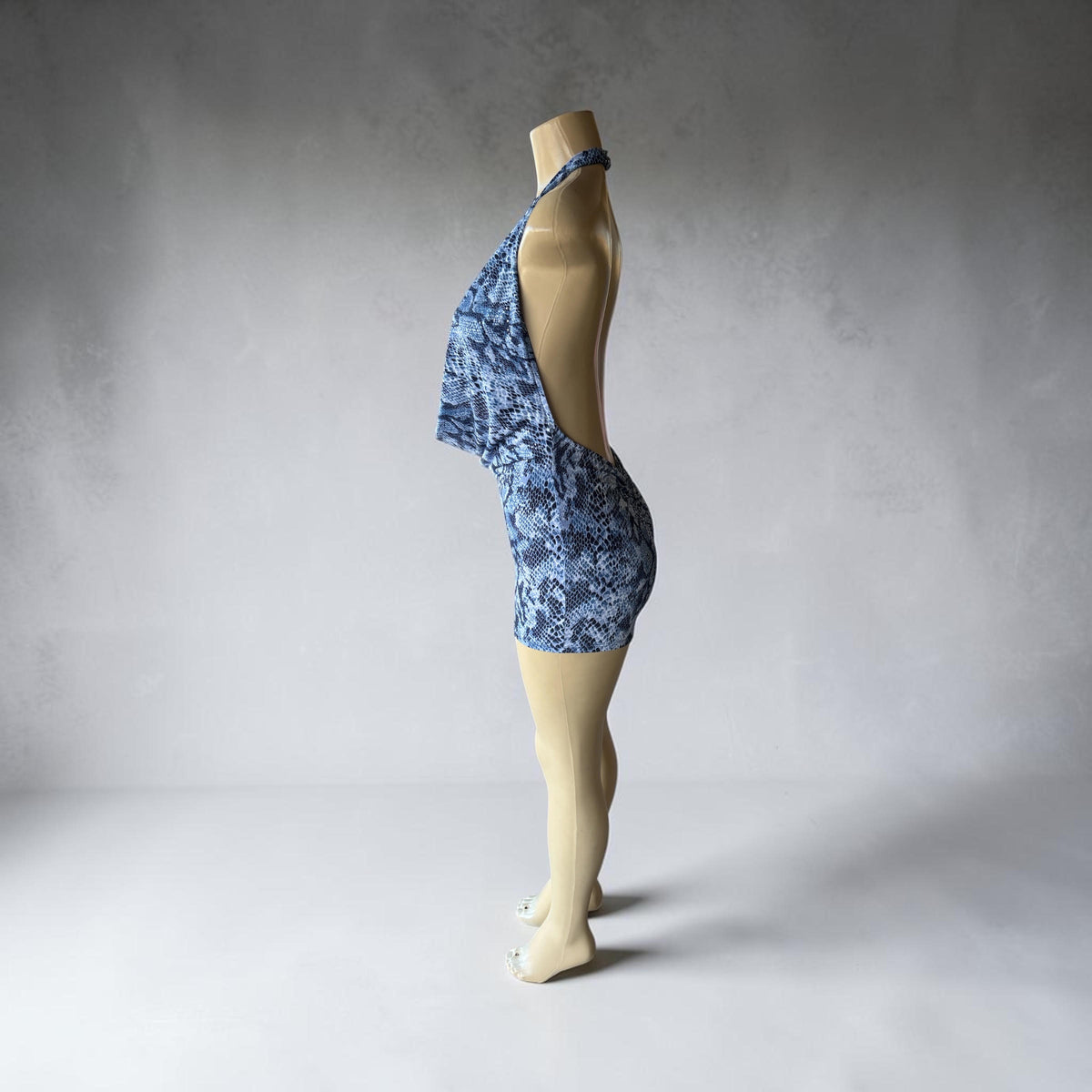 Blue Snakeskin Plunging Halter Romper