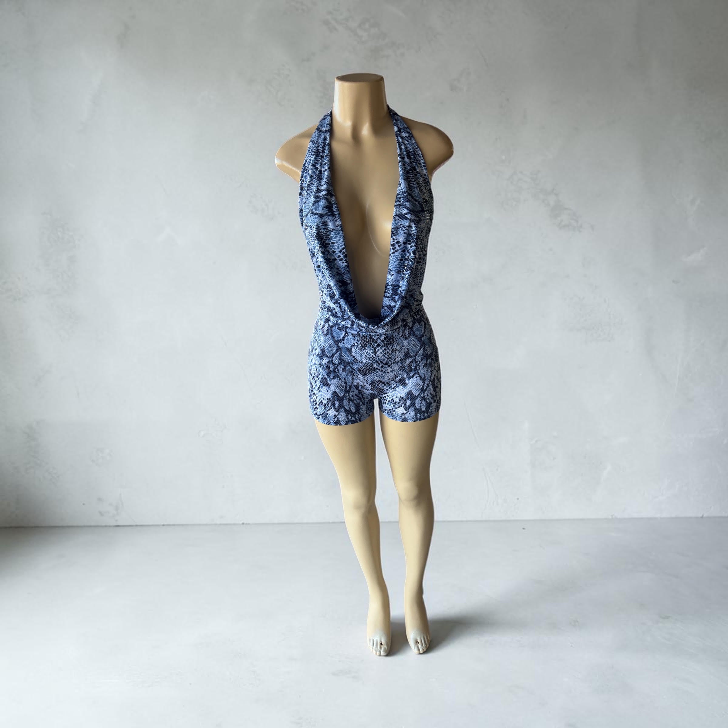 Blue Snakeskin Plunging Halter Romper