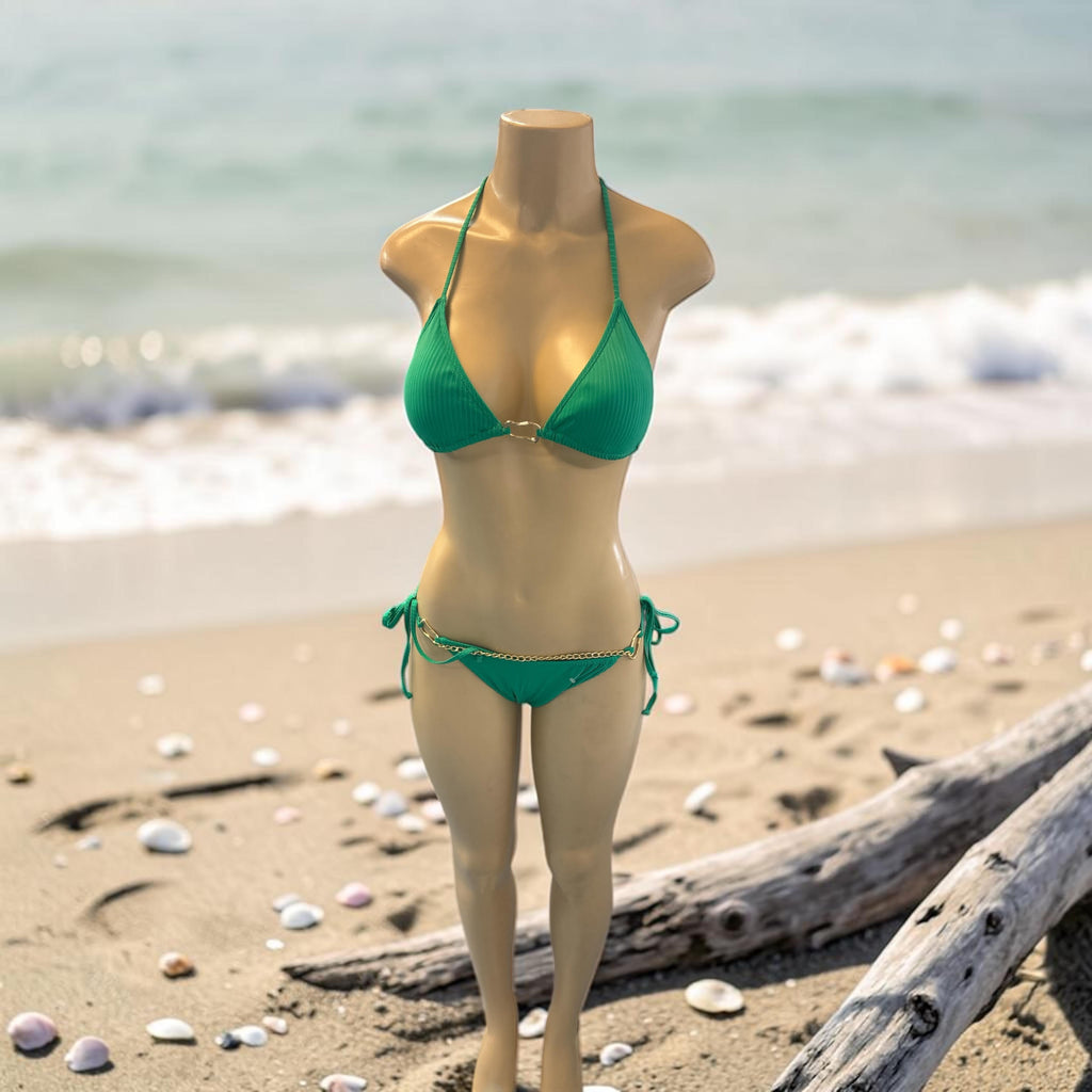 Ribbed Chain-Detail Halter Bikini Set